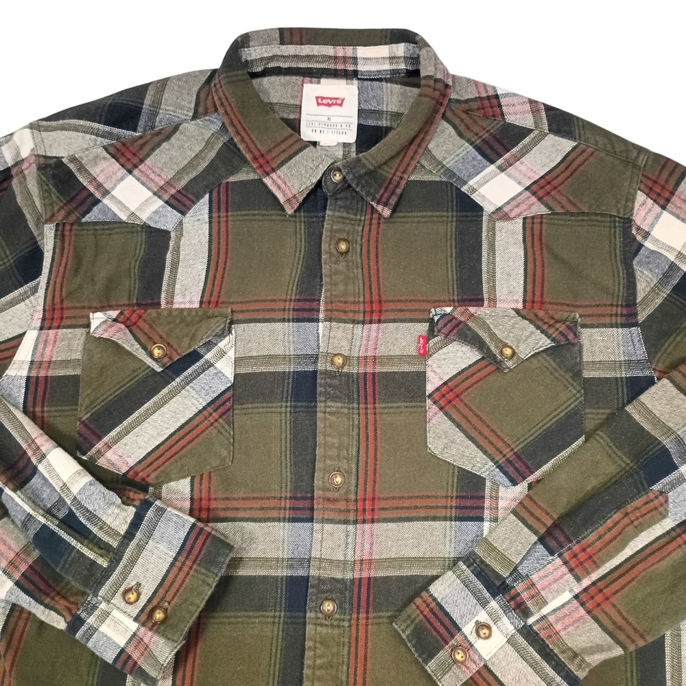 Levis Mens XL Western Flannel Shirt Plaid Olive Green Cotton Button Down